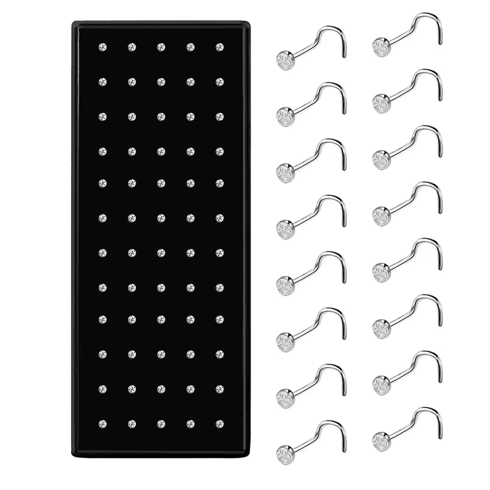 Fashion Crystal Stainless Steel Nose Stud Piercing for Women, Hypoallergenic 1.8mm Nose Ring, Straight/L/Screw Shaped