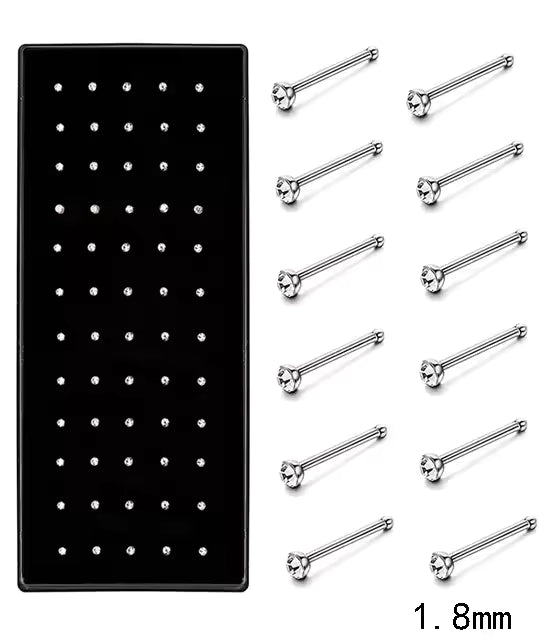 Fashion Crystal Stainless Steel Nose Stud Piercing for Women, Hypoallergenic 1.8mm Nose Ring, Straight/L/Screw Shaped