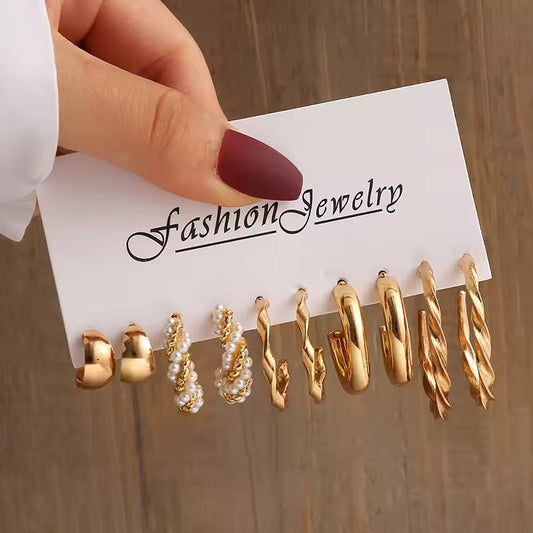 Gold Color Vintage Geometry Pearl Earrings Set for Women