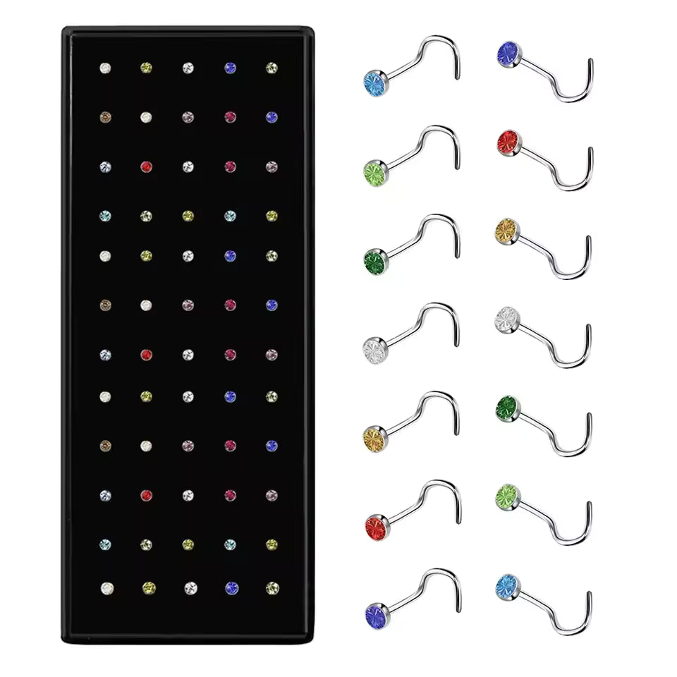 Fashion Crystal Stainless Steel Nose Stud Piercing for Women, Hypoallergenic 1.8mm Nose Ring, Straight/L/Screw Shaped