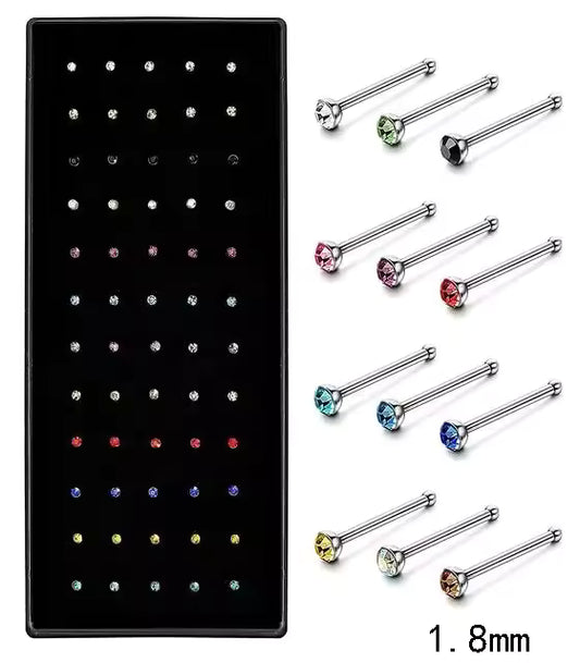 Fashion Crystal Stainless Steel Nose Stud Piercing for Women, Hypoallergenic 1.8mm Nose Ring, Straight/L/Screw Shaped