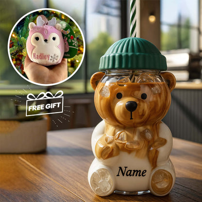 Limited Edition Custom Bear Glass Cup Set with Matching Straw