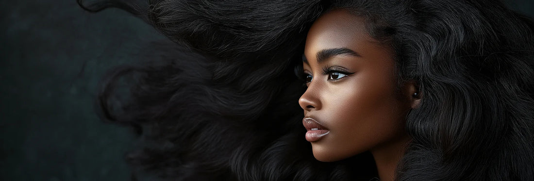 A close-up portrait of a woman with voluminous, glossy black wavy hair against a dark textured background.